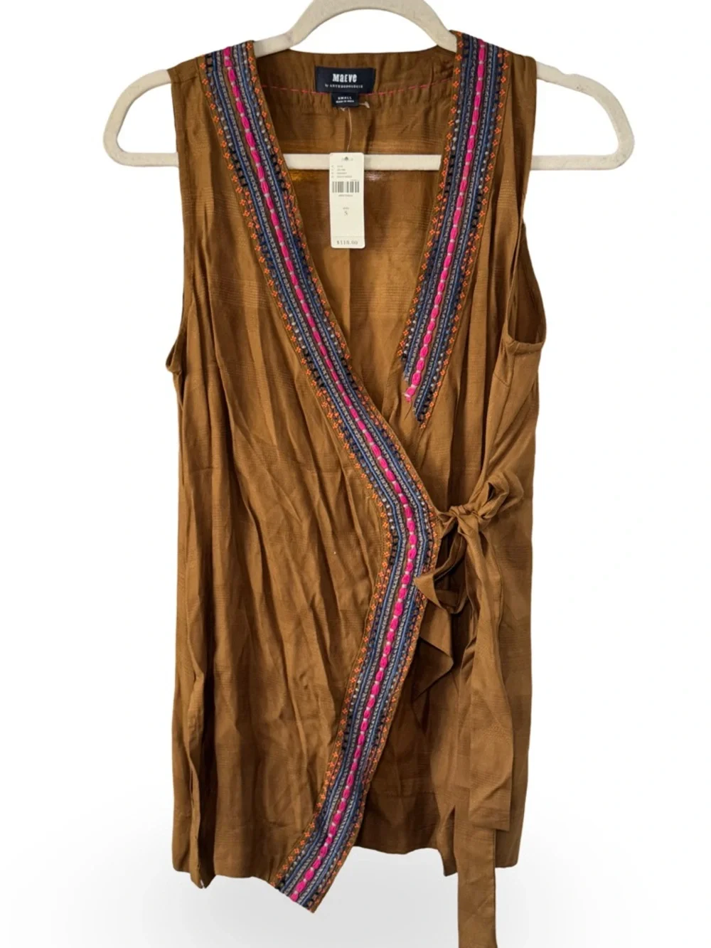 👜🌺🔅 Anthropologie Maeve Brown Embroidered Wrap Tank with Pink & Blue Trim 🔅🌺👜